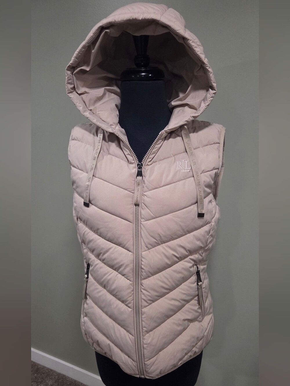 Lauren Ralph Lauren Quilted Puffer Vest Hooded Beige Taupe Size M